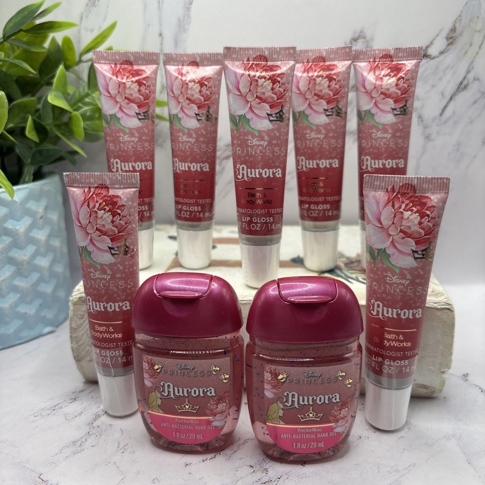 Bath & Body Works Disney Princess Aurora 8 Lip Gloss 2 PocketBac Lot NWT